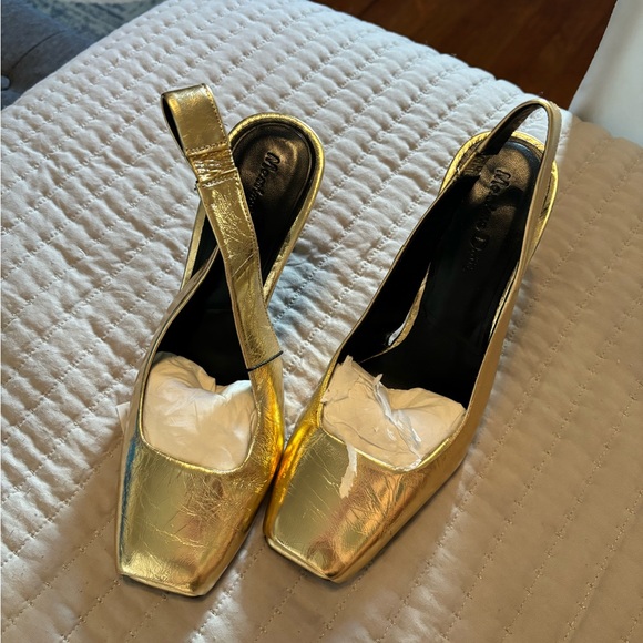 NWT Massimo Dutti gold square toe heel sandal 37 - Picture 1 of 9